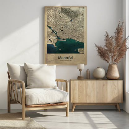 A vintage-style map of Montréal, Quebec from the year 1900, presented in a black frame. The map features a sepia-toned, aged paper texture, with black ink detailing the city's grid layout and landmarks. The St. Lawrence River and port area are highlighted in a deep teal color. At the bottom, the poster is titled 'Montréal' with the subtitle 'Quebec of Canada in 1900'. Artwork