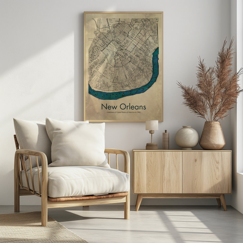 A framed vintage-style map of New Orleans from 1900. The map details are in black ink on a beige, aged paper background. The Mississippi River is highlighted in a vibrant teal color, curving around the bottom of the city grid. The text 'New Orleans' is displayed prominently at the bottom. Decor