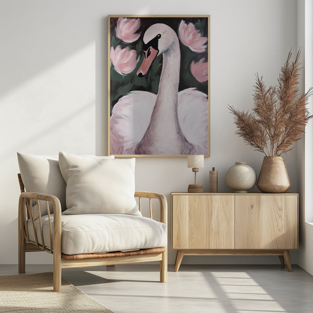 A majestic white swan gracefully swimming in a calm pond, surrounded by lush natural scenery. Decor