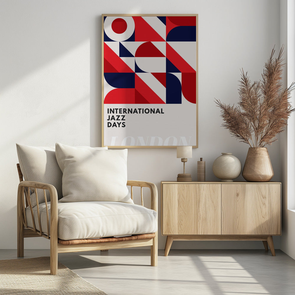 A framed poster advertising 'International Jazz Days London'. The top two-thirds feature a bold, abstract geometric pattern in a grid format, using red, dark blue, and off-white shapes like circles, semi-circles, and diagonal blocks. The bottom third displays the text 'INTERNATIONAL JAZZ DAYS' in a black sans-serif font against the off-white background. Wall Art
