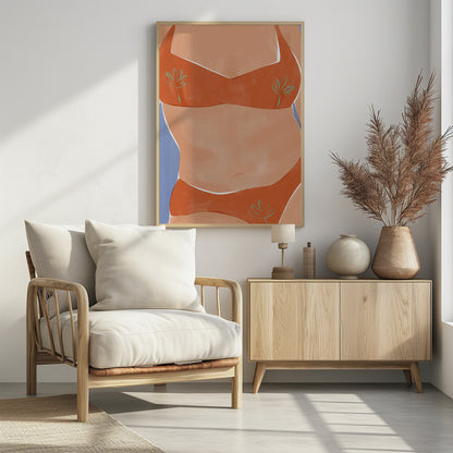 A minimalist illustration of a woman's torso wearing a vibrant orange bikini with small green palm leaf patterns. Her tan skin is set against a solid light blue background, and the artwork has a clean, painterly style. Poster