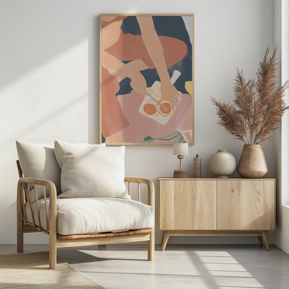 A minimalist, color-blocked illustration showing a person from an overhead view, wearing rust-colored clothes while slicing oranges and lemons on a white cutting board. The scene is set against a background of deep blue and soft pink. Print