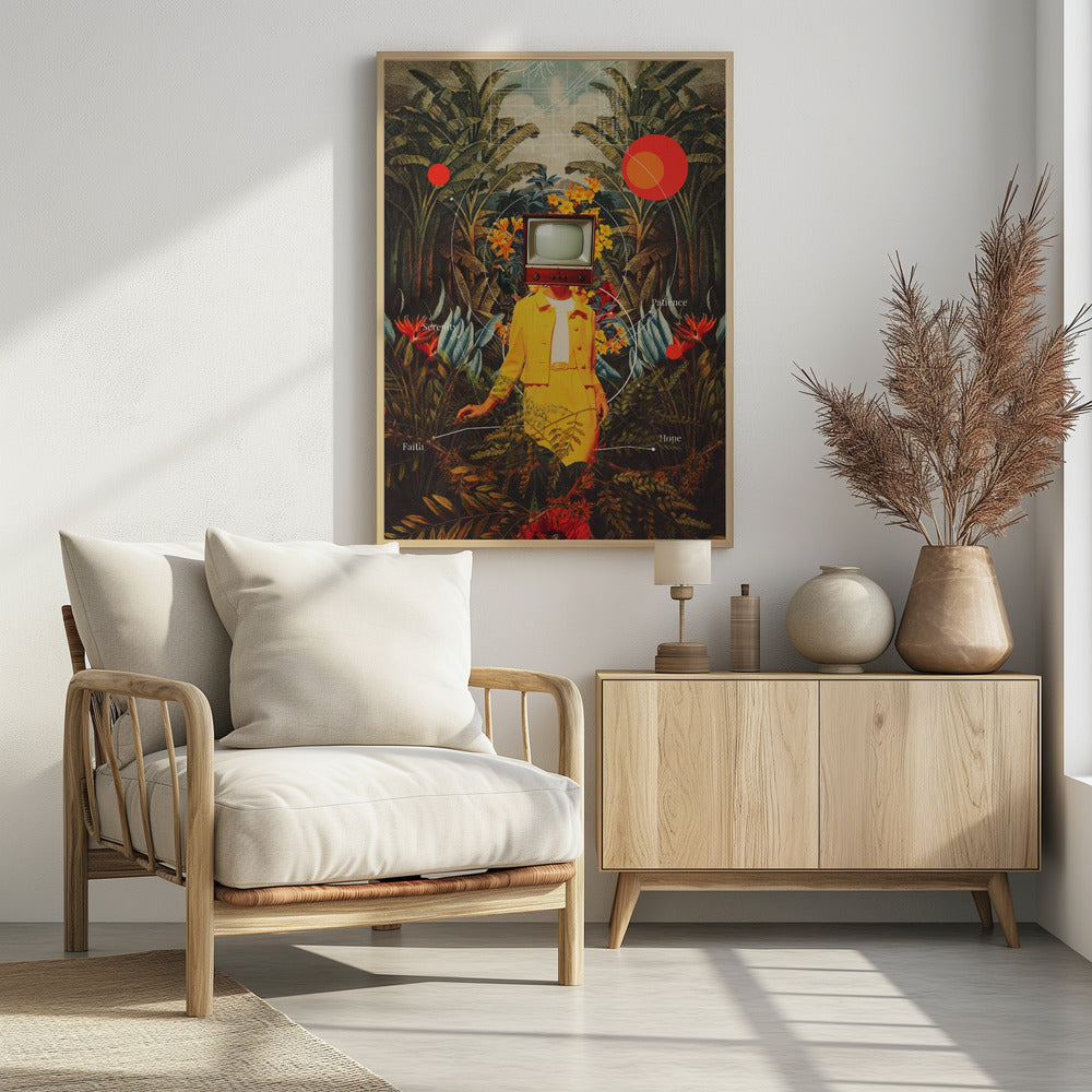 A surreal vintage-style collage of a person with a retro television for a head, wearing a bright yellow suit. They stand amidst a lush tropical jungle of green leaves and colorful flowers. Abstract elements like red circles and white lines connect to the words 'Patience', 'Serenity', 'Hope', and 'Faith'. Poster
