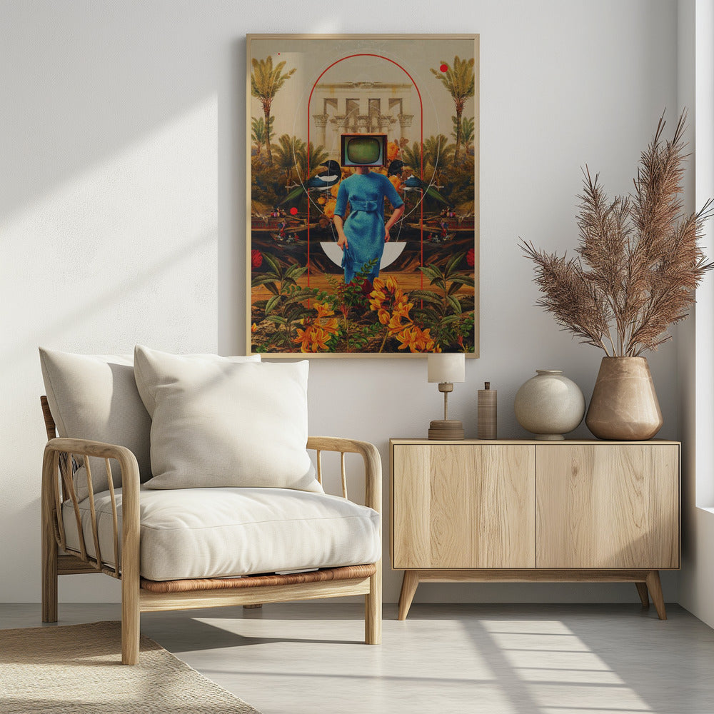 A surreal collage featuring a woman in a vintage blue dress with a retro television for a head. She stands in a lush landscape with palm trees, classical architecture, and magpies, framed by abstract red and white arches. The foreground is filled with vibrant orange and yellow flowers. Artwork