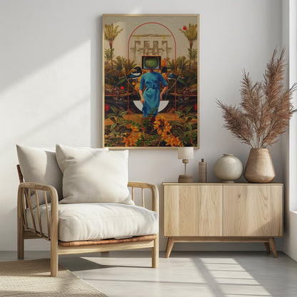 A surreal collage featuring a woman in a vintage blue dress with a retro television for a head. She stands in a lush landscape with palm trees, classical architecture, and magpies, framed by abstract red and white arches. The foreground is filled with vibrant orange and yellow flowers. Artwork