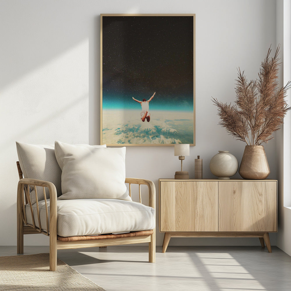 A surreal collage showing a man from behind, jumping with arms outstretched towards a vast, starry night sky, high above a sea of clouds and the blue glow of Earth's atmosphere. Print