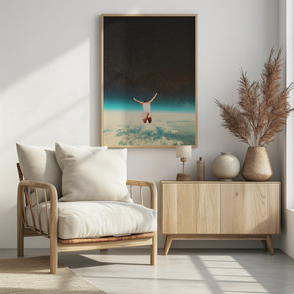 A surreal collage showing a man from behind, jumping with arms outstretched towards a vast, starry night sky, high above a sea of clouds and the blue glow of Earth's atmosphere. Print