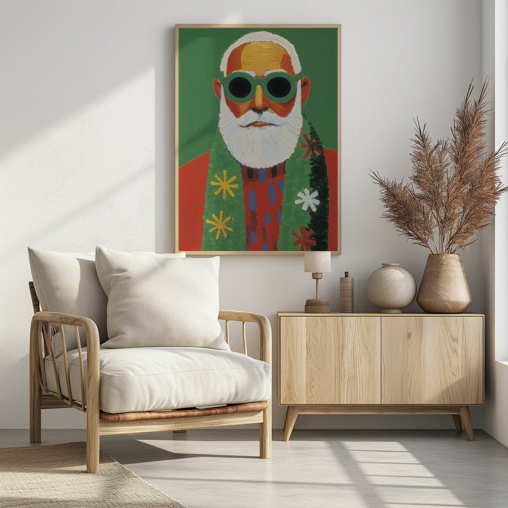 A modern, stylized portrait painting of Santa Claus against a solid green background. He has a white beard and hair, and is wearing oversized round green sunglasses, a red sweater, and a green scarf decorated with colorful snowflakes. Print