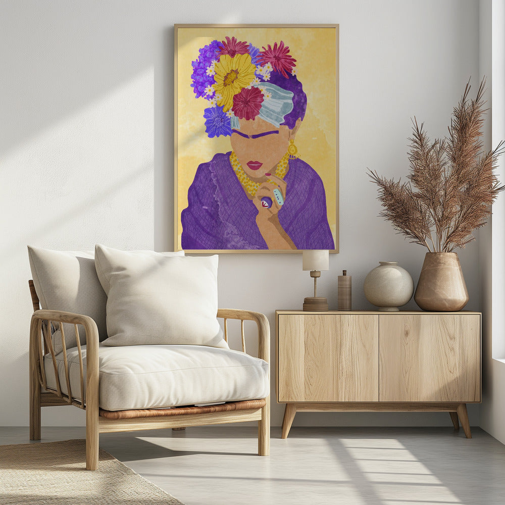 A stylized portrait illustration of a woman resembling Frida Kahlo against a yellow background. She wears a crown of vibrant purple, yellow, and magenta flowers, a purple dress, and gold jewelry. Her face is abstracted, featuring her iconic unibrow and red lipstick. Wall Art