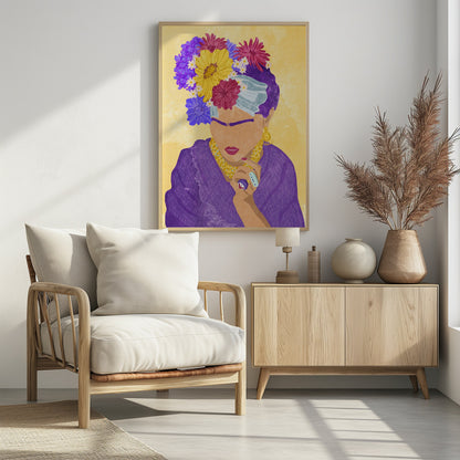 A stylized portrait illustration of a woman resembling Frida Kahlo against a yellow background. She wears a crown of vibrant purple, yellow, and magenta flowers, a purple dress, and gold jewelry. Her face is abstracted, featuring her iconic unibrow and red lipstick. Wall Art