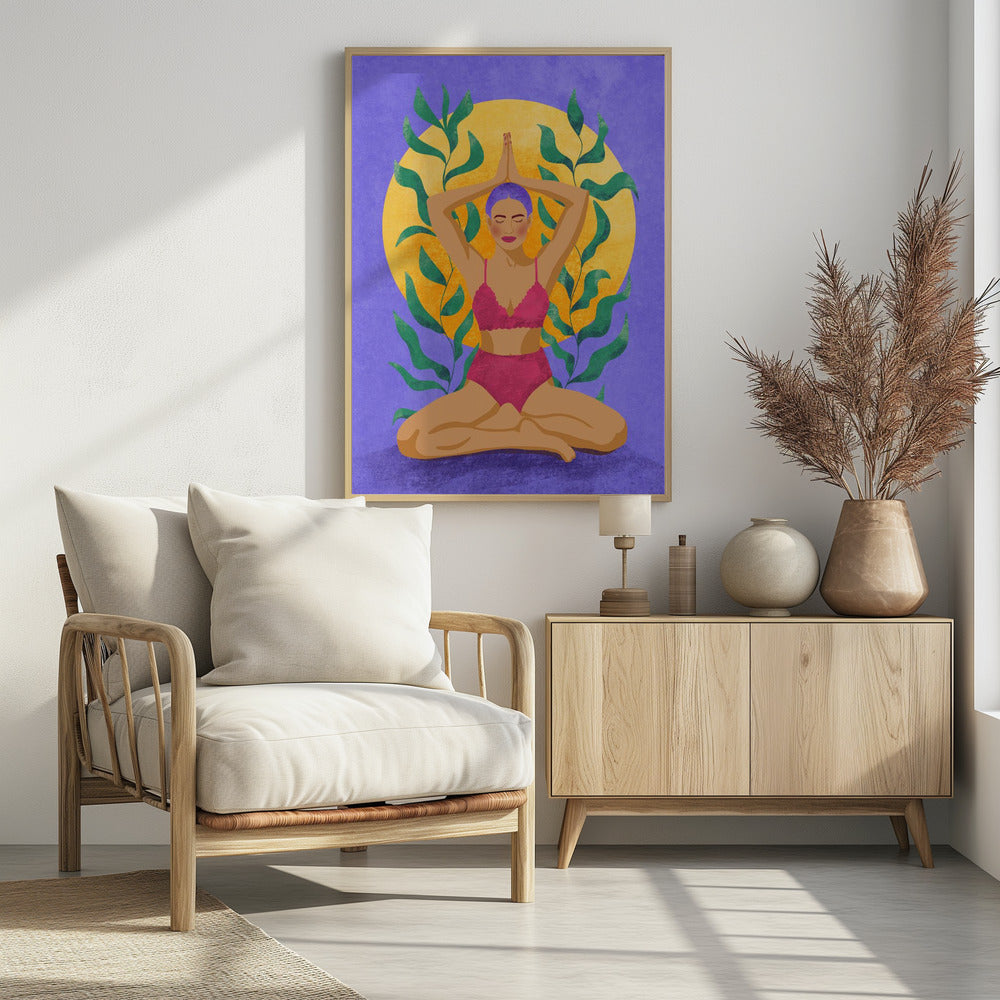 A colorful illustration of a woman with purple hair meditating in a yoga pose. She sits cross-legged with her hands pressed together above her head, wearing a pink lingerie set. Behind her is a large yellow sun against a purple background, framed by green leaves. Print