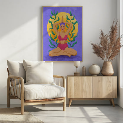A colorful illustration of a woman with purple hair meditating in a yoga pose. She sits cross-legged with her hands pressed together above her head, wearing a pink lingerie set. Behind her is a large yellow sun against a purple background, framed by green leaves. Print