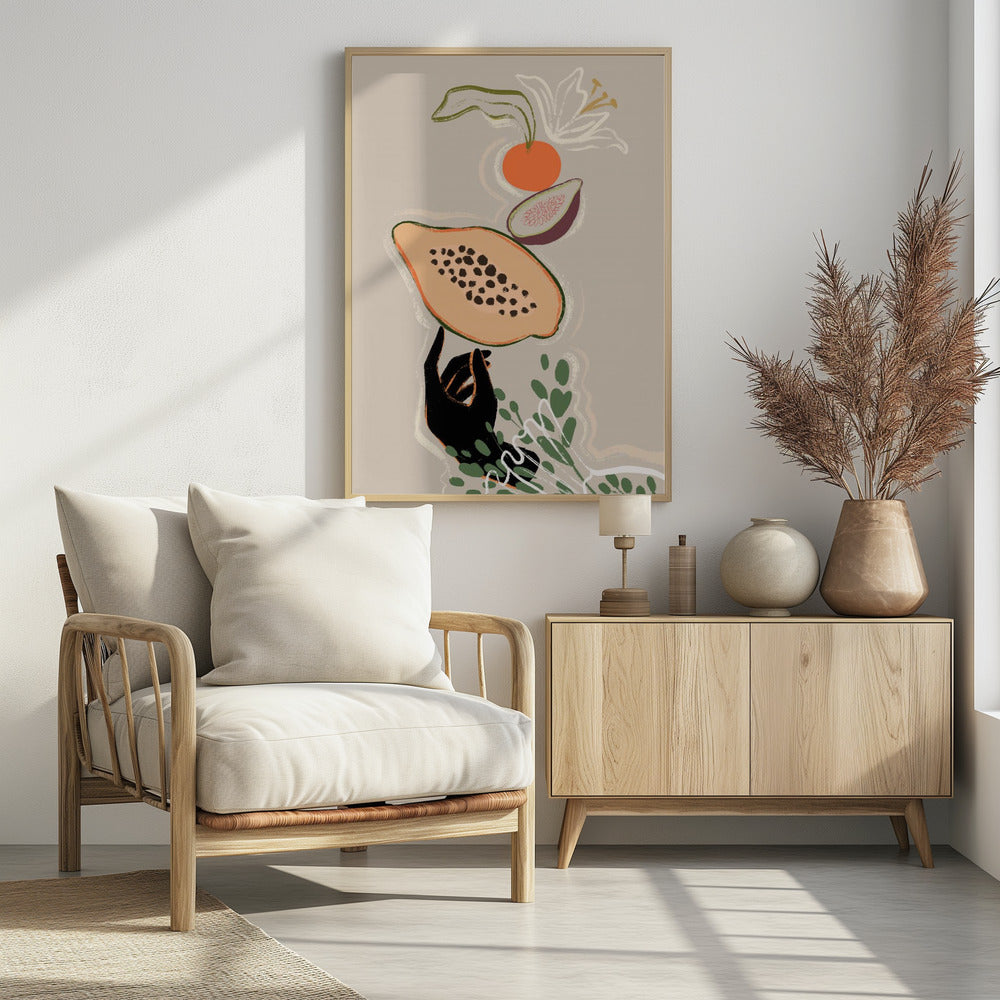 A modern illustration of a black hand balancing a sliced papaya. Above it floats a fig, an orange, and a white lily, with green leaves below, all set against a neutral beige background. Print