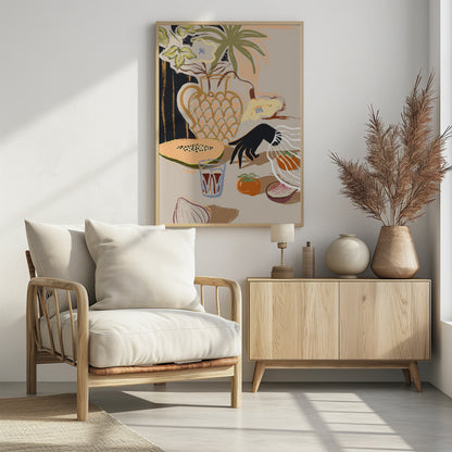 A modern, painterly still life illustration featuring a collection of objects on a beige tabletop. A patterned pitcher holds flowers and a palm frond, while a sliced papaya, a glass of red liquid, a persimmon, a fig, and an onion are arranged in the foreground. A stylized black hand with a white ruffled cuff reaches in from the right. Decor