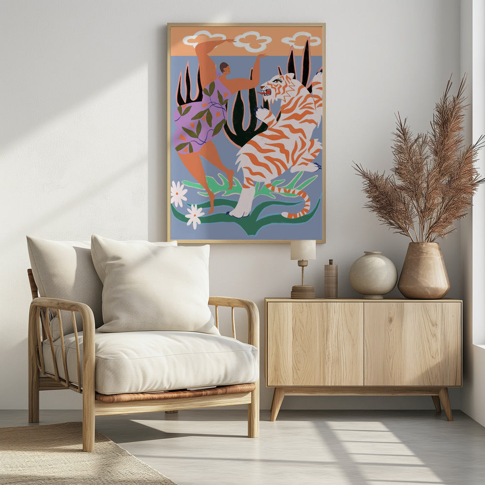 A stylized, colorful illustration depicting a woman in a purple, leaf-patterned dress dancing joyfully with a fierce white and orange tiger in a whimsical jungle setting. The background is light blue with large dark plants, and a peach-colored sky with white clouds is visible at the top. Decor