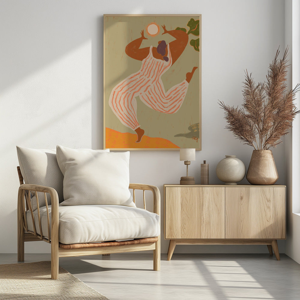 A stylized, painterly illustration of a woman with dark skin joyfully dancing or jumping. She wears a white and orange striped jumpsuit and raises her arms toward a bright sun against a muted green background. Print