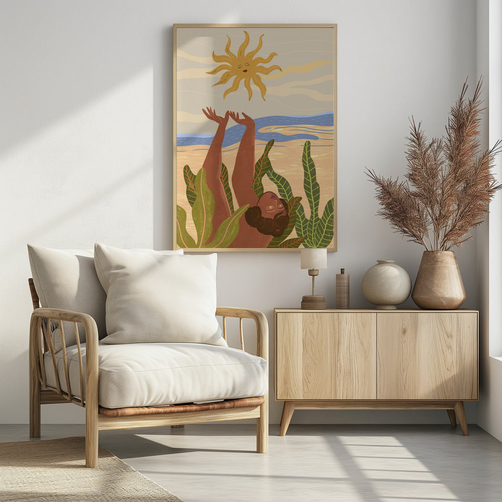 An art print titled 'Sun Worship' depicting a stylized sun, possibly with abstract or spiritual elements, in warm tones. Decor