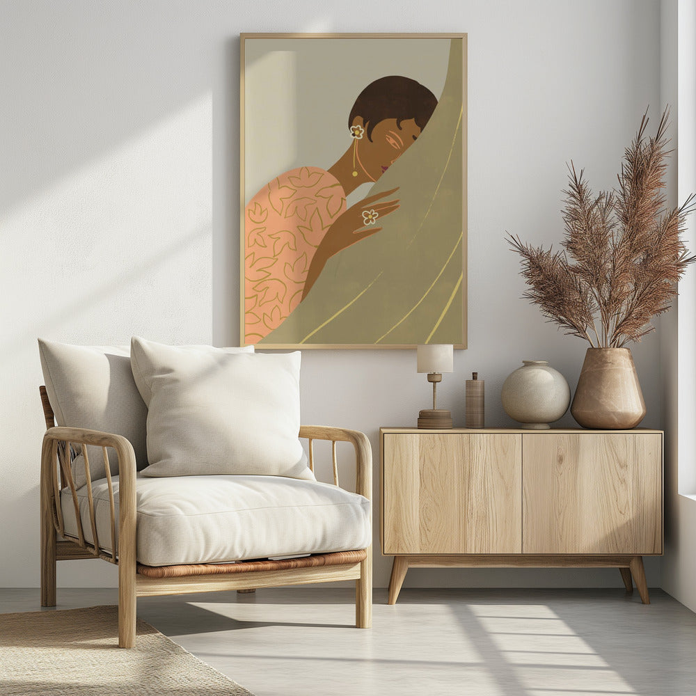 An Art Deco style illustration of a woman with dark skin and short hair, wearing a peach-colored patterned dress and flower-shaped jewelry. She is shown in profile, leaning her head against a muted green curtain with a serene expression. Print