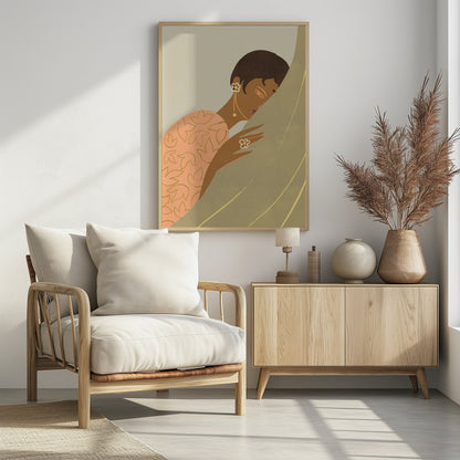 An Art Deco style illustration of a woman with dark skin and short hair, wearing a peach-colored patterned dress and flower-shaped jewelry. She is shown in profile, leaning her head against a muted green curtain with a serene expression. Print