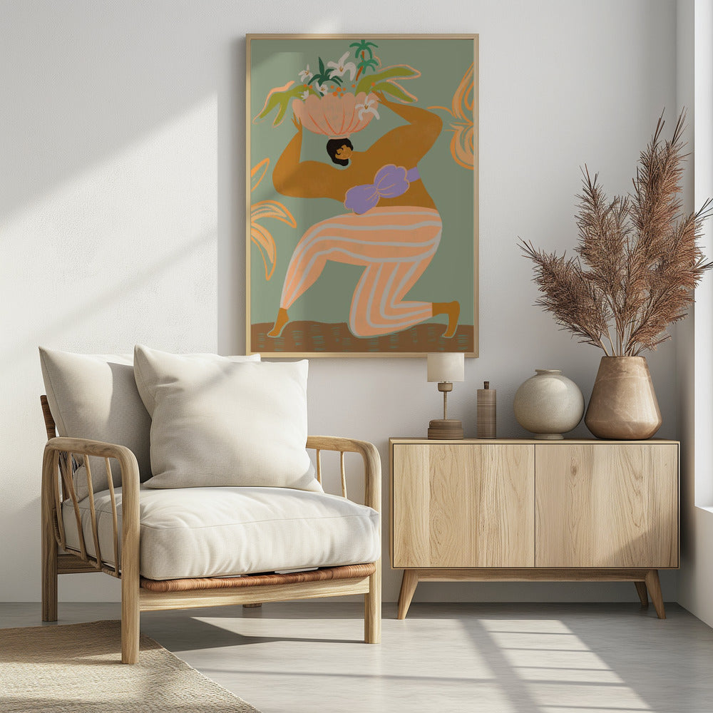 A stylized illustration of a woman kneeling against a sage green background. She has tan skin, black hair, and wears orange and white striped pants with a lavender bikini top. She holds a large pink bowl filled with white flowers and green tropical leaves on her head. Wall Art
