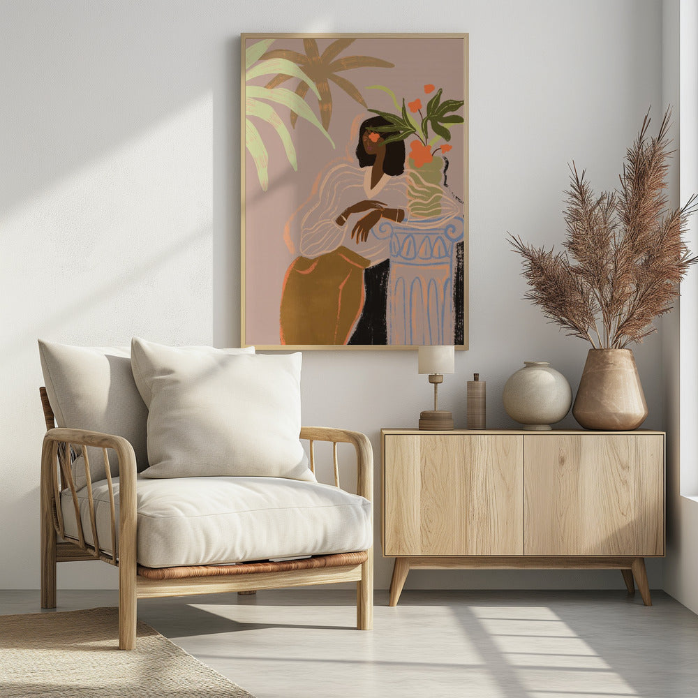 A stylized illustration of a Black woman with an orange flower over one eye, wearing a sheer white blouse and brown skirt, leaning against a classical column holding a vase of flowers, surrounded by tropical leaves against a muted pink background. Print