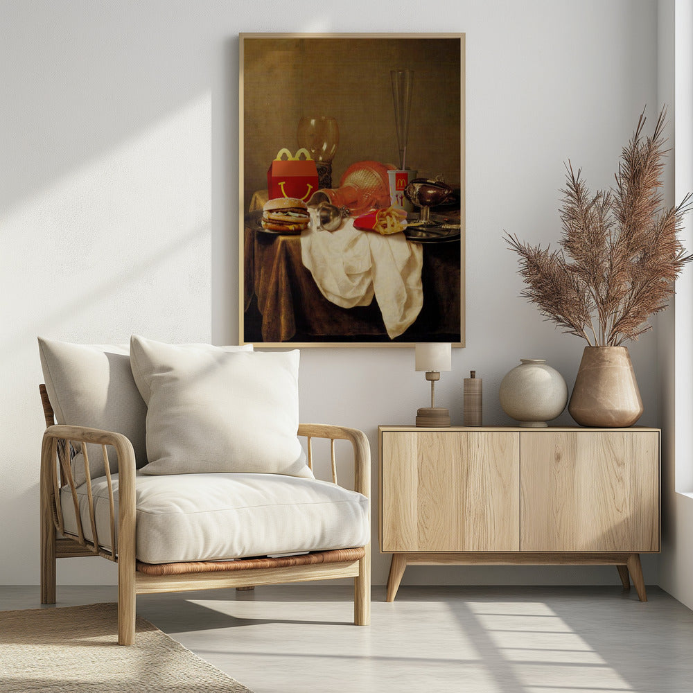 A parody artwork depicting a classical Baroque-style still life painting where traditional objects are replaced with McDonald's fast food. On a draped table sits a Big Mac, a Happy Meal box, french fries, and a soda, alongside ornate glassware and goblets. Wall Art