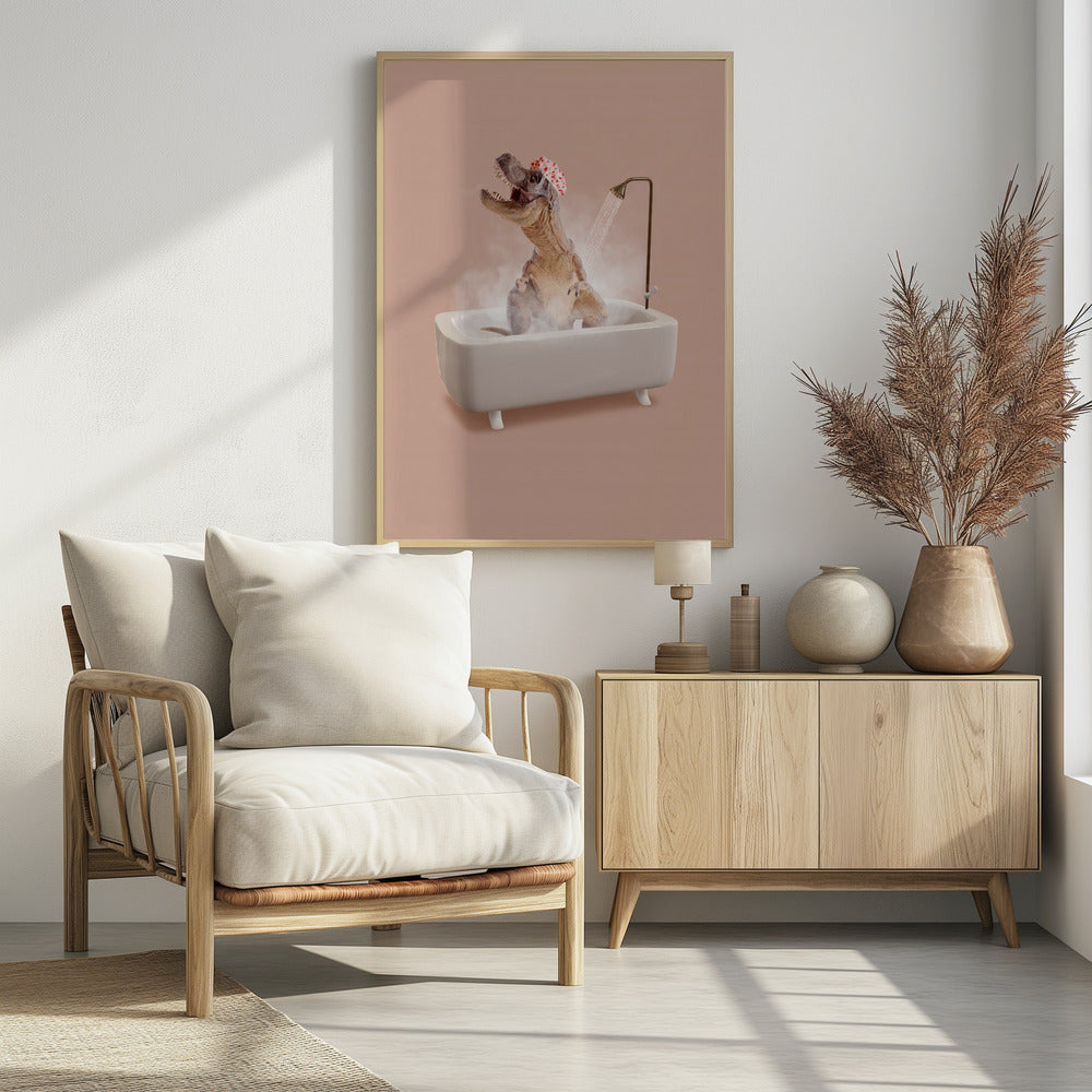 A humorous image of a Tyrannosaurus Rex wearing a red and white shower cap while taking a shower in a small white bathtub. The dinosaur has its head tilted back with its mouth open, enjoying the water, and is surrounded by steam against a dusty pink background. Print