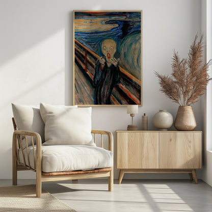 A humorous parody of Edvard Munch's 'The Scream,' where the iconic despairing figure is comically applying bright red lipstick while looking in a handheld mirror against the turbulent, colorful backdrop. Print