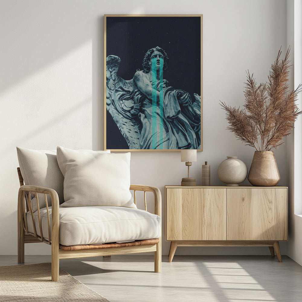 A low-angle shot of a grey stone statue of a weeping angel against a dark starry sky. Bright, stylized turquoise lines stream down from the angel's eyes, dripping over its body in a modern, graphic representation of tears. Poster