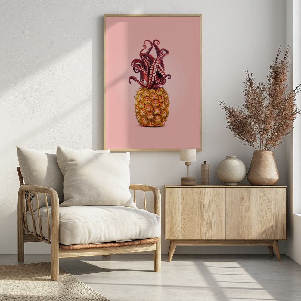 A surreal art print featuring a red octopus sitting atop a yellow pineapple, its tentacles curled upward like a crown, all against a solid light pink background within a black frame. Poster