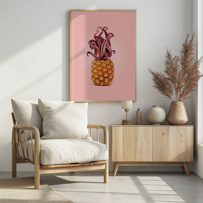 A surreal art print featuring a red octopus sitting atop a yellow pineapple, its tentacles curled upward like a crown, all against a solid light pink background within a black frame. Poster