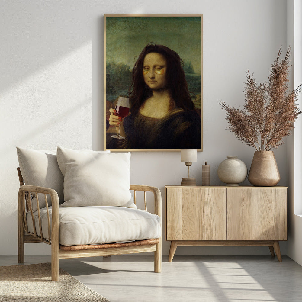 A humorous digital alteration of the Mona Lisa painting where she appears tired with messy hair, wearing gold under-eye masks, and holding a glass of red wine. Artwork