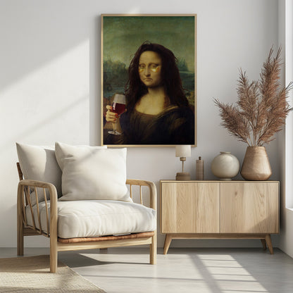 A humorous digital alteration of the Mona Lisa painting where she appears tired with messy hair, wearing gold under-eye masks, and holding a glass of red wine. Artwork