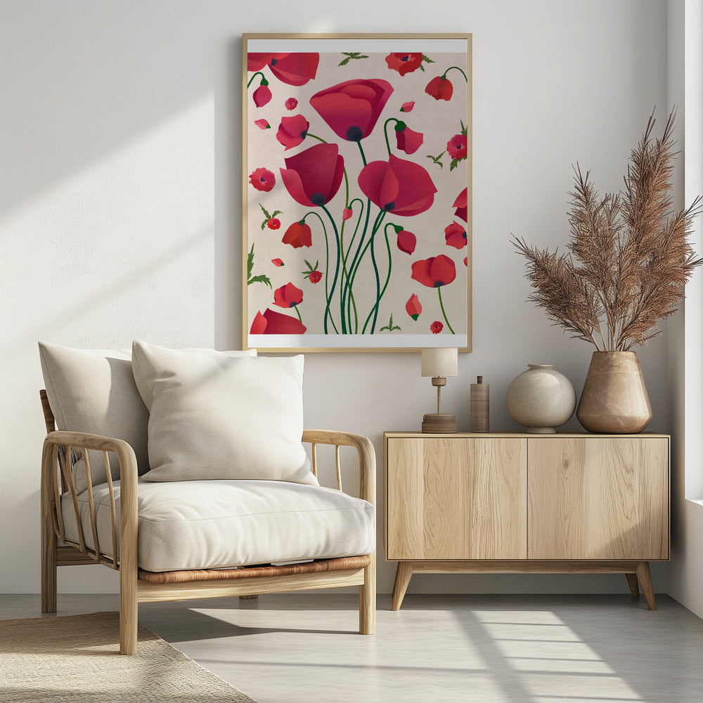 A stylized art print of various red poppy flowers against a light cream background. A central cluster of large poppies with long green stems is surrounded by smaller flowers, buds, and floating petals, creating a dynamic floral pattern inside a black frame. Wall Art