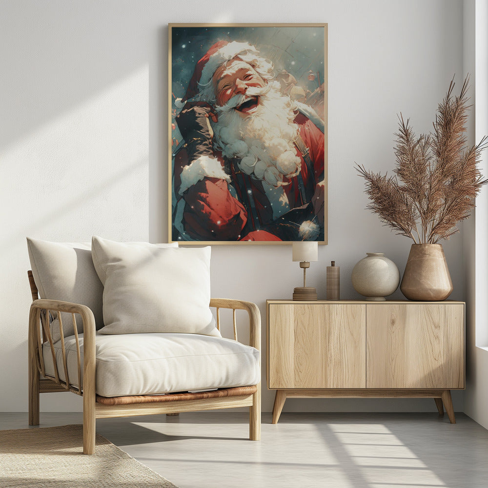 An anime-style illustration of Santa Claus laughing heartily, his head tilted back in joy. He has a full white beard and is wearing his iconic red suit and hat, set against a snowy, blurred background. Poster
