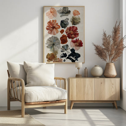 A framed art print displaying a collection of various flowers and petals on a cream-colored background. The flowers are in a painterly, illustrative style, with a muted color palette including terracotta, dusty rose, deep red, and shades of grey and charcoal. Poster