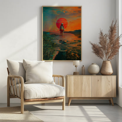 A surreal digital artwork of an astronaut standing in shallow water, with a giant red sun setting in the background against an orange and teal sky. The entire image has a heavy glitch-art effect, with horizontal streaks and pixel sorting that distorts the landscape and reflections. Print