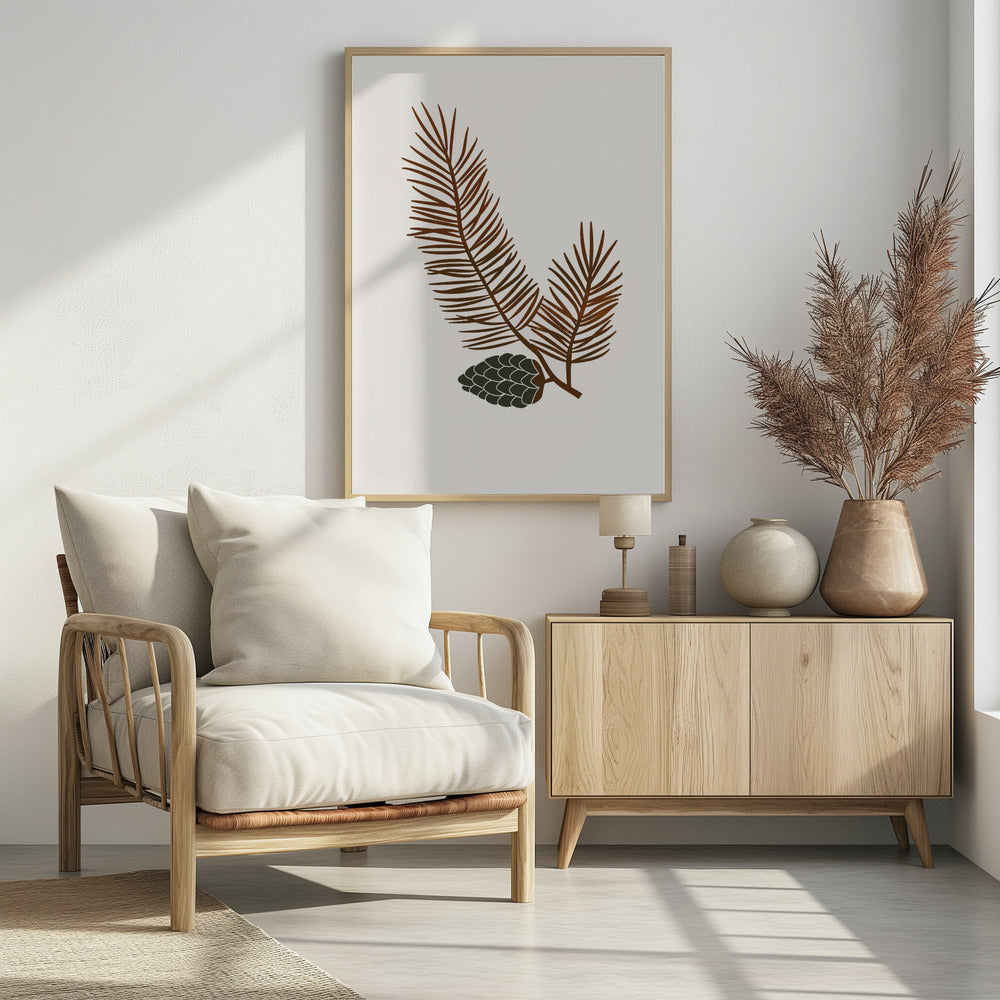 A minimalist art print of a stylized brown pine branch with needles and a dark green pinecone against an off-white background, all within a simple black frame. Wall Art