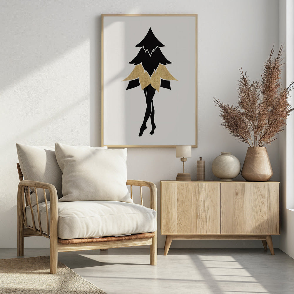A minimalist framed illustration of a surreal figure with the top of a black fir tree as its torso and head, a gold leaf-like skirt, and slender black human legs posed on tiptoe against a white background. Poster