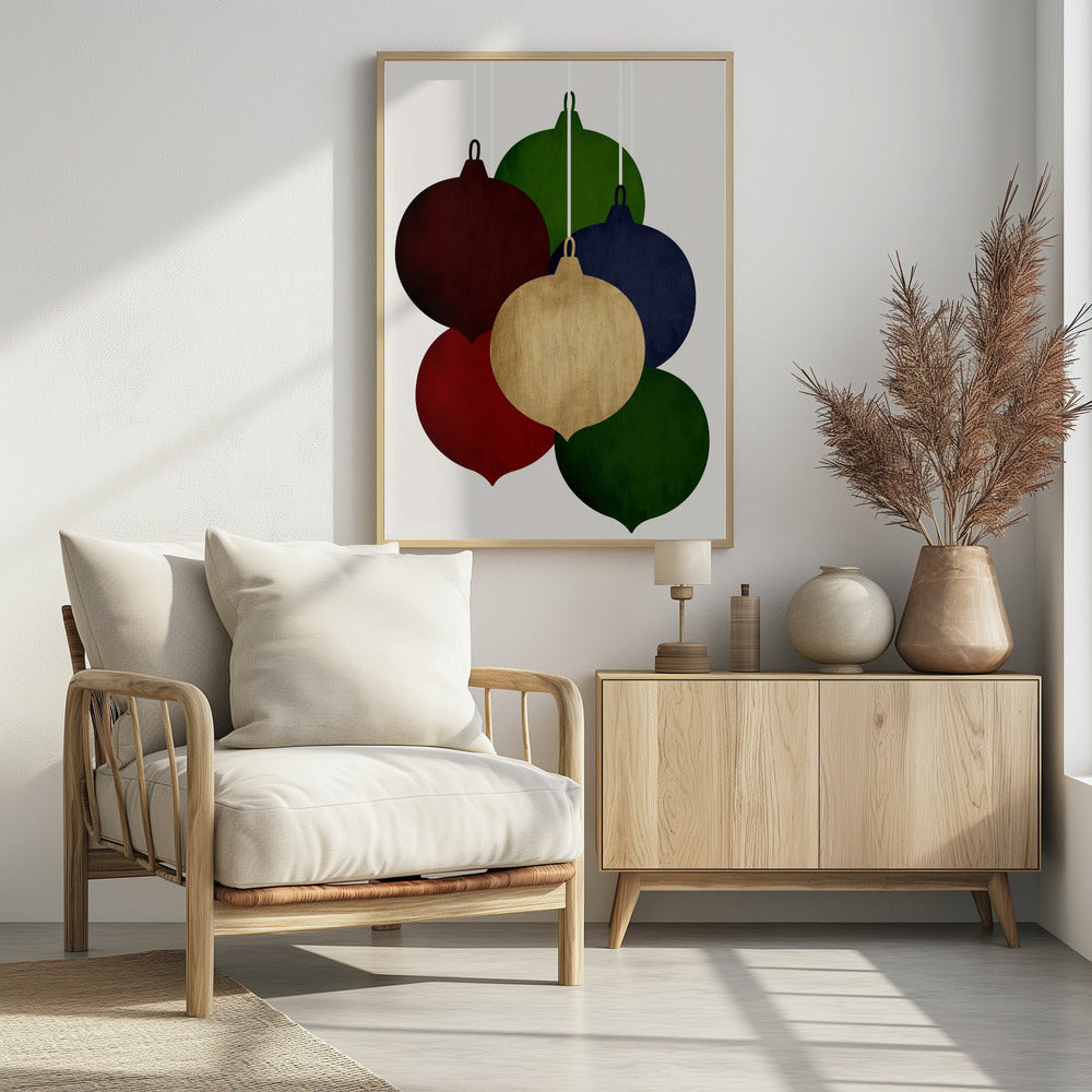 A modern art print showing a collection of six colorful Christmas ornaments in shades of red, green, blue, and gold, hanging against a plain off-white background. Decor