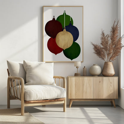 A modern art print showing a collection of six colorful Christmas ornaments in shades of red, green, blue, and gold, hanging against a plain off-white background. Decor