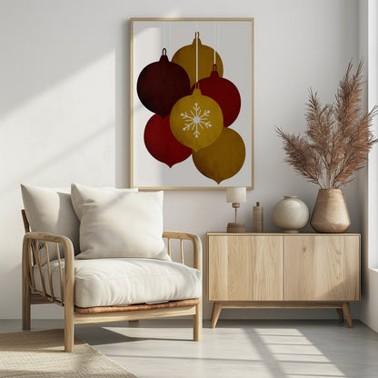 A minimalist illustration of five hanging Christmas ornaments in warm tones of gold, red, and brown. One central gold ornament is detailed with a white snowflake design against an off-white background. Artwork
