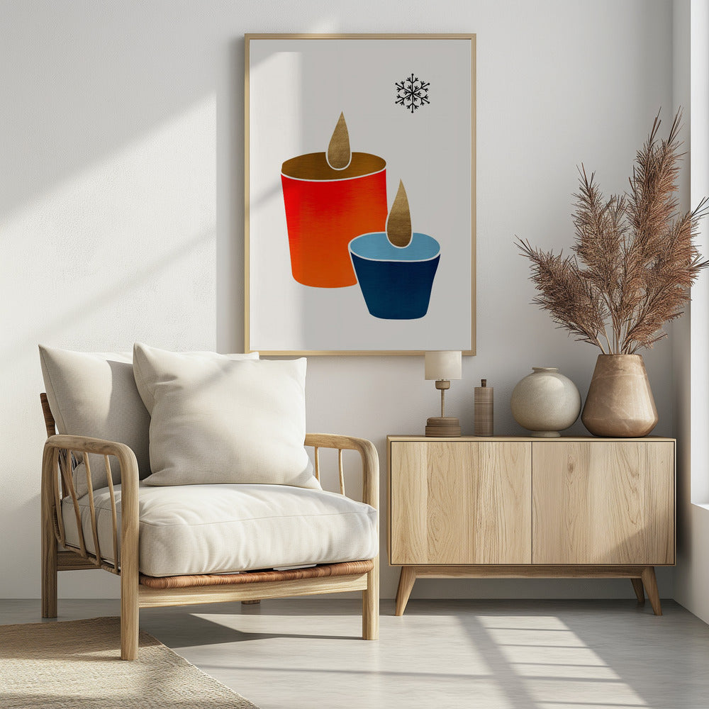 A minimalist illustration of two stylized candles, one large and red-orange, the other small and blue, both with gold flames. A single black snowflake is in the top right corner against an off-white background, all within a black frame. Poster