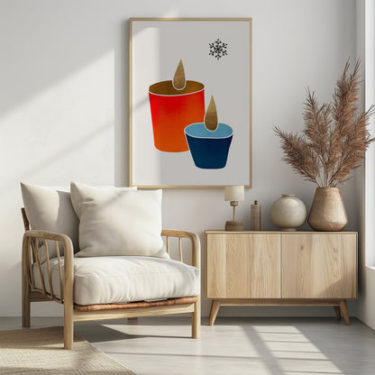 A minimalist illustration of two stylized candles, one large and red-orange, the other small and blue, both with gold flames. A single black snowflake is in the top right corner against an off-white background, all within a black frame. Poster