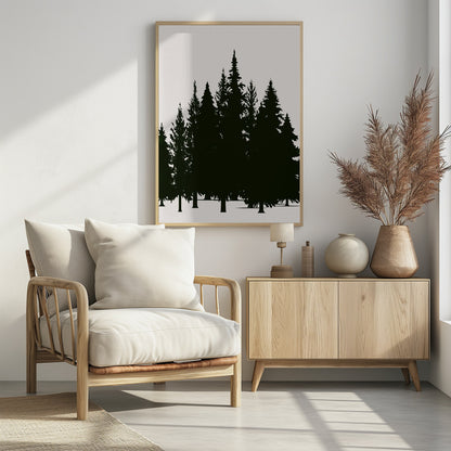 A minimalist framed artwork featuring a dense forest of evergreen trees rendered as dark green silhouettes against a plain, off-white background. Artwork