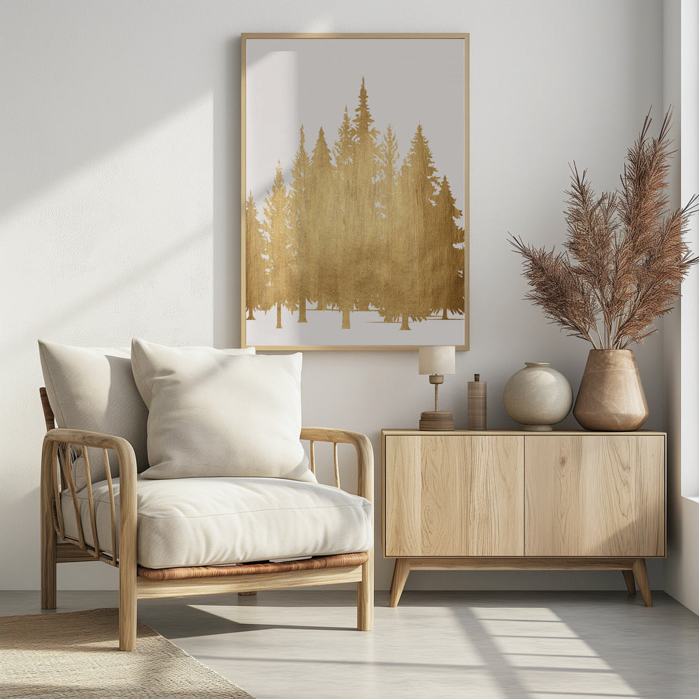 A framed piece of art featuring silhouettes of a pine tree forest in a textured, metallic gold finish against a clean white background, enclosed in a simple black frame. Poster