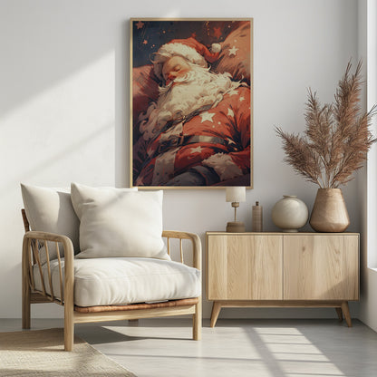 A stylized illustration of Santa Claus sleeping soundly. He wears his classic red suit with white stars and a matching hat, his head resting on a pillow. The background is a dark blue night sky filled with stars, creating a peaceful, festive atmosphere. Decor