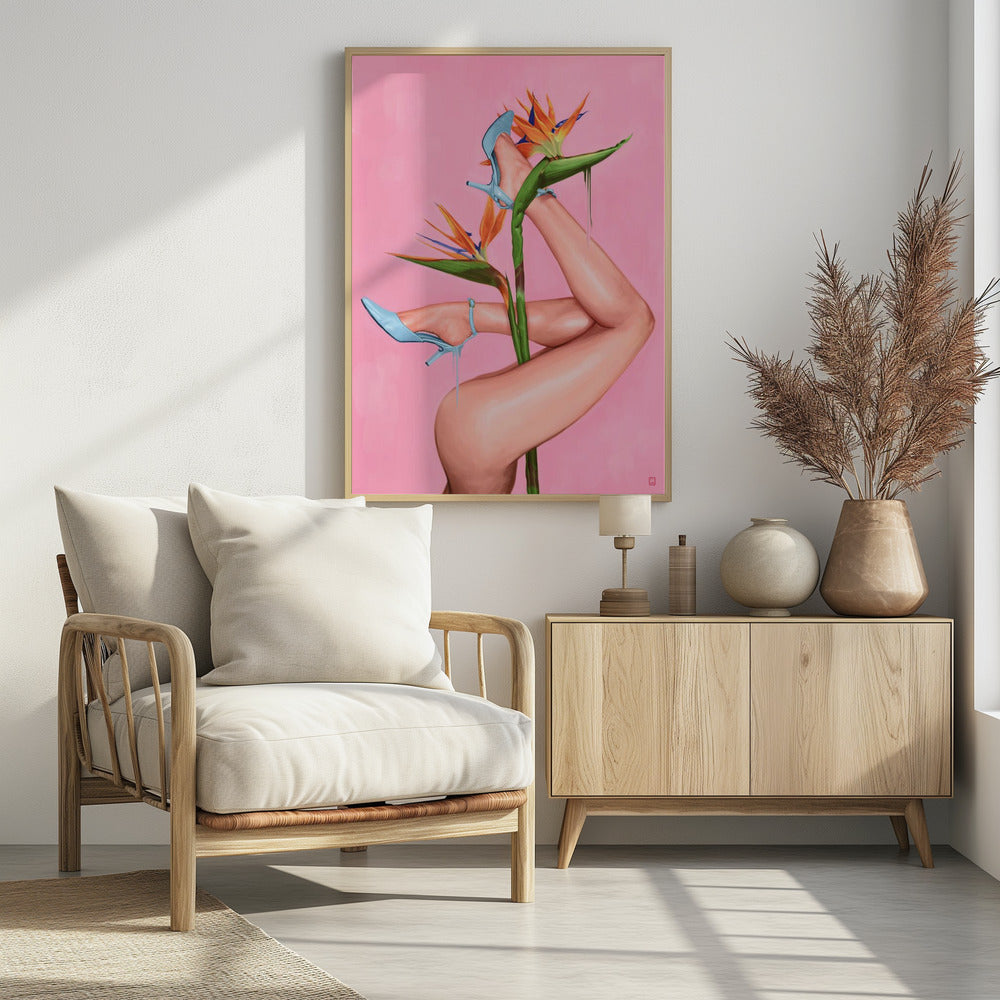 A surrealist painting of a woman's legs and a Bird of Paradise flower against a vibrant pink background. The legs, wearing light blue high heels, are wrapped around the flower's green stalk. Blue liquid drips from the shoes, adding to the dreamlike quality of the artwork. Wall Art