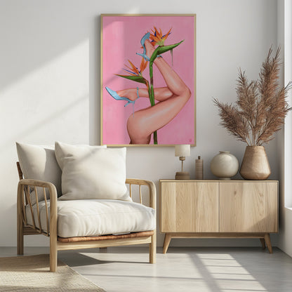 A surrealist painting of a woman's legs and a Bird of Paradise flower against a vibrant pink background. The legs, wearing light blue high heels, are wrapped around the flower's green stalk. Blue liquid drips from the shoes, adding to the dreamlike quality of the artwork. Wall Art