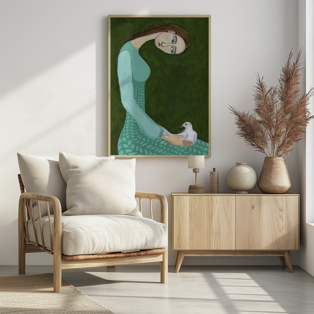 A stylized painting of a woman with a long, gracefully curved neck and brown hair against a dark olive green background. She is wearing a patterned teal dress and looking directly at the viewer while gently cradling a white dove in her hands. Artwork